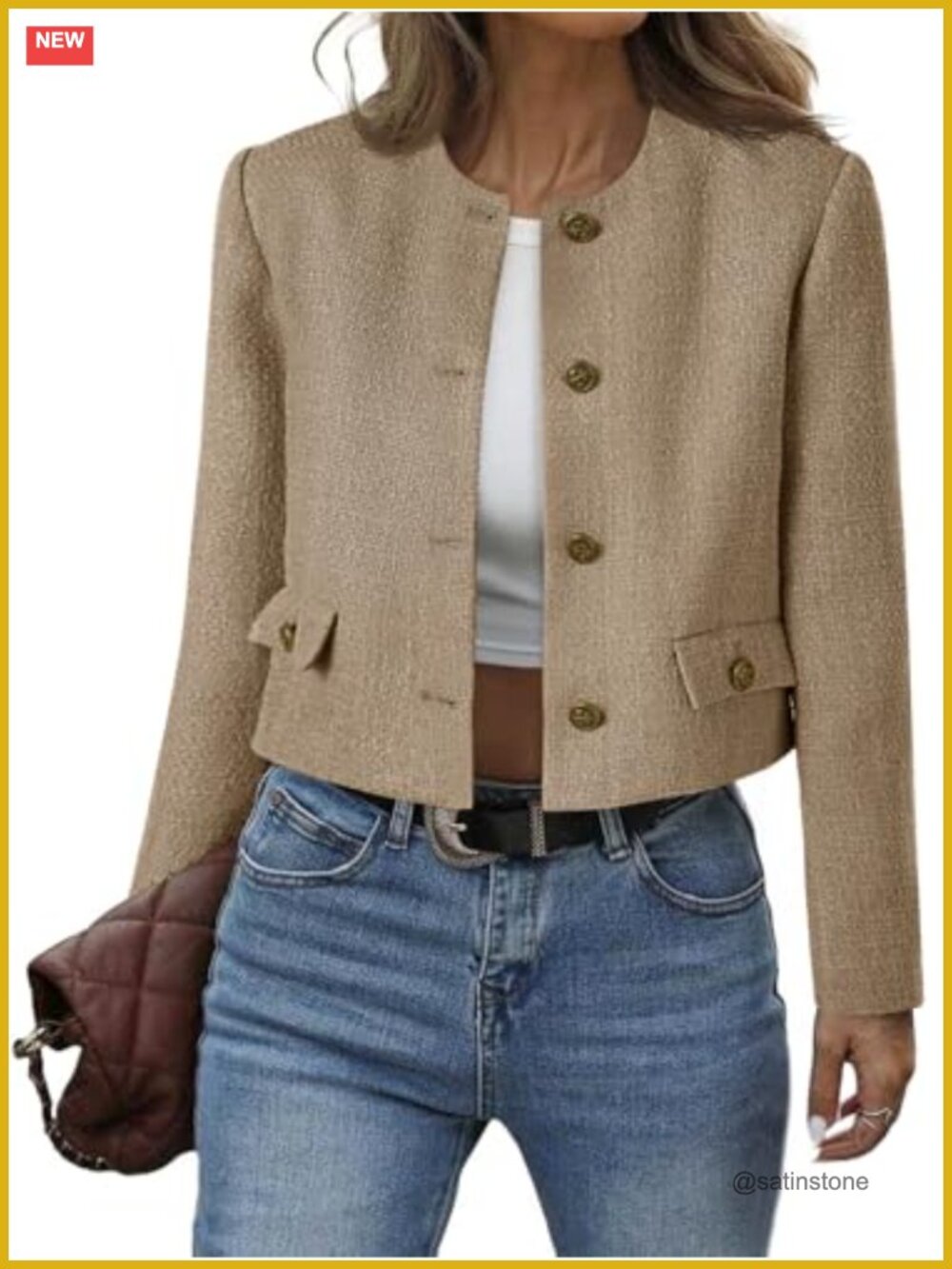 Collarless Cropped Tweed Blazer Jacket Button Down Fall Winter